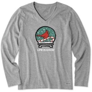 Women’s Life Is Good Grey Snowglobe Cardinal Long Sleeve  Shirt Size M